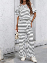 Knitted Stripe Loose Casual Top And Wide Leg Pants Set